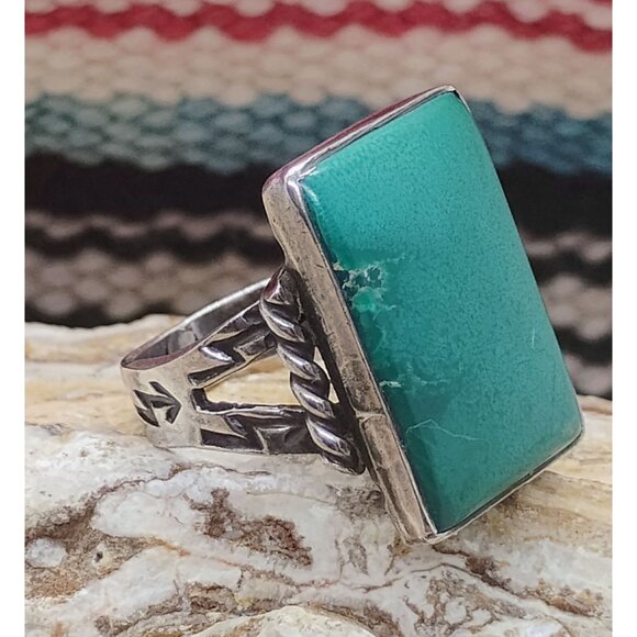 Vtg Native Sterling Silver Green Turquoise Ring Large Rectangle Size 6.5 - Picture 2 of 12